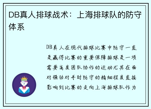 DB真人排球战术：上海排球队的防守体系